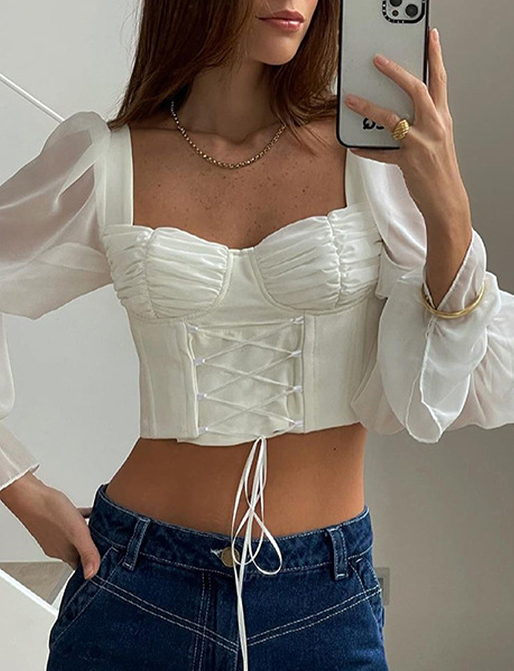 White Puff Sleeve Mesh Tie Crop Blouse