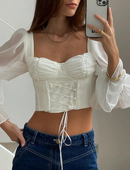 White Puff Sleeve Mesh Tie Crop Blouse