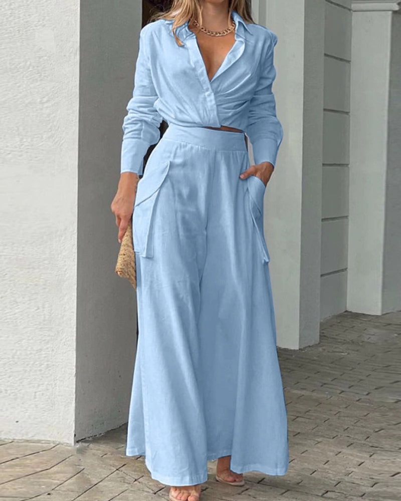 Long Sleeve Lapel Top Pants Two Piece Set