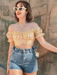 Yellow Off Shoulder Floral Strap Top