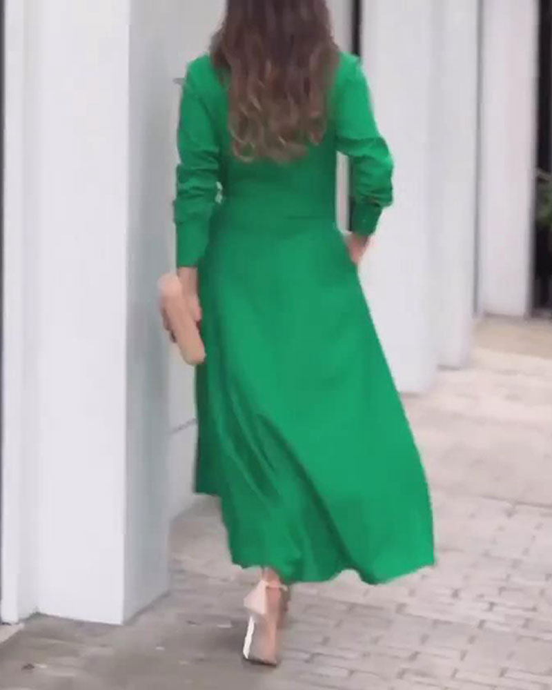 Casual Solid Color Lapel Long Sleeve Dress