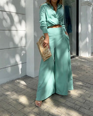 Long Sleeve Lapel Top Pants Two Piece Set