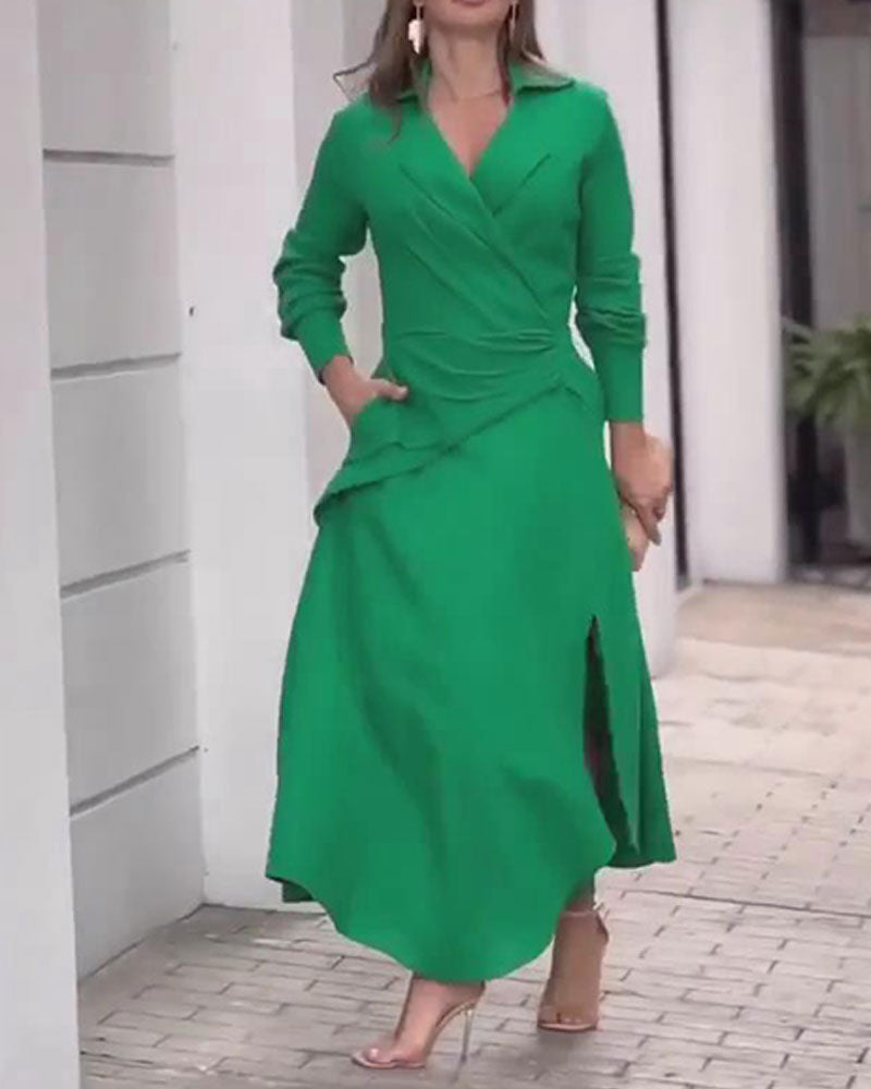 Casual Solid Color Lapel Long Sleeve Dress