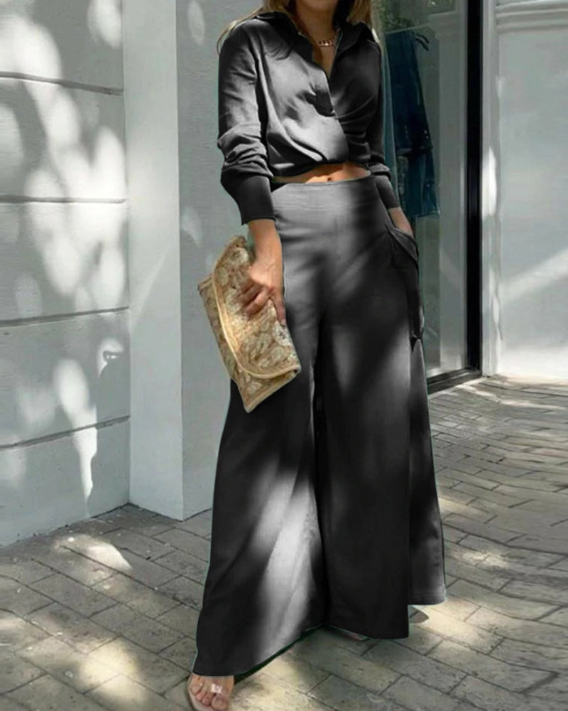 Long Sleeve Lapel Top Pants Two Piece Set