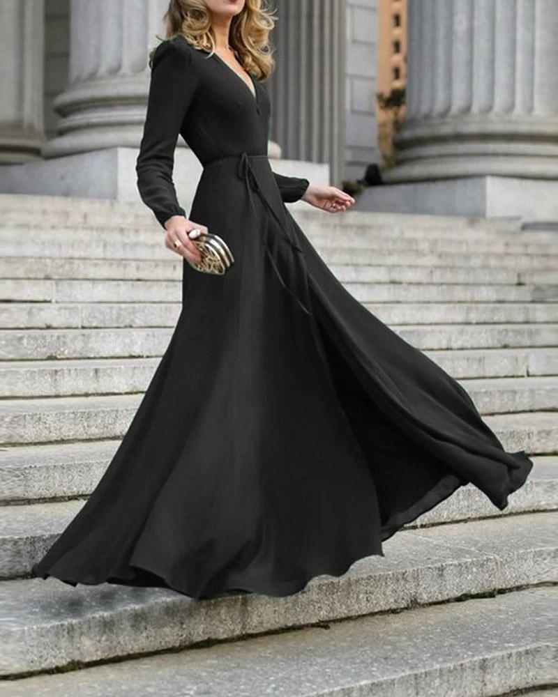 V-Neck Floor-Length Long Sleeve Sweet Dress