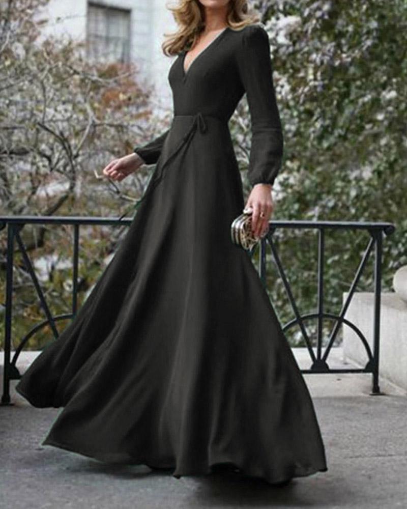 V-Neck Floor-Length Long Sleeve Sweet Dress