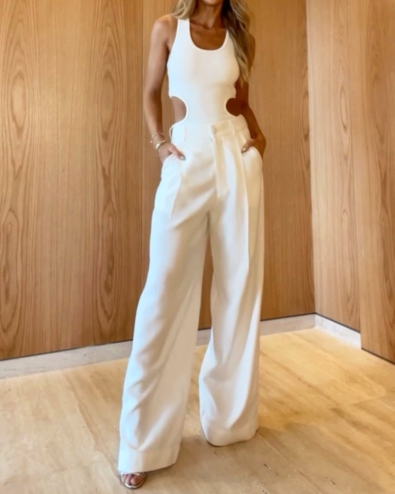 Casual Solid Color Crop Top & Pants Two-Piece Set