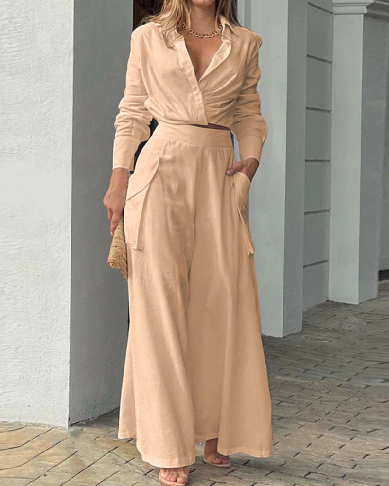 Long Sleeve Lapel Top Pants Two Piece Set