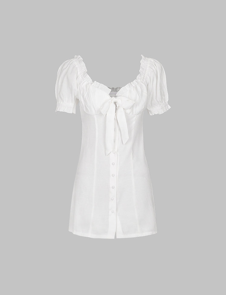 White Frill Trim Puff Sleeves Button Up Dress