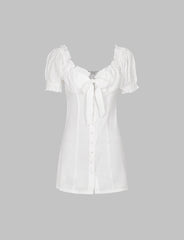 White Frill Trim Puff Sleeves Button Up Dress