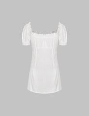 White Frill Trim Puff Sleeves Button Up Dress