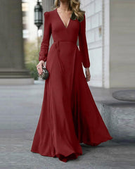 V-Neck Floor-Length Long Sleeve Sweet Dress