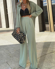 Casual Long Sleeve Lapel Shirt & Wide Leg Pants Two-Piece Set