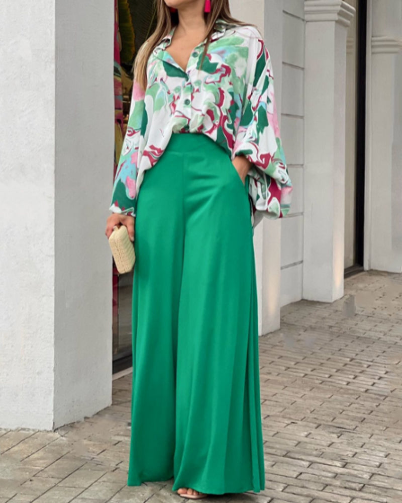 Casual Print Shirt & Wide Leg Pants Two-Piece Set