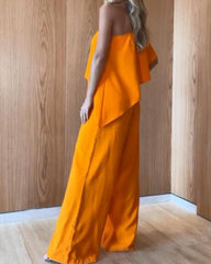 One-shoulder solid color fashion wide-leg pants jumpsuit