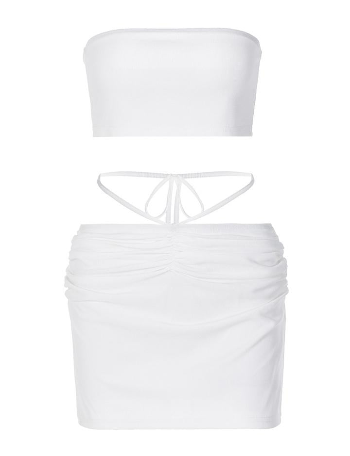 White Tube Crop Top With Crisscross Ruched Skirt Co ord Set