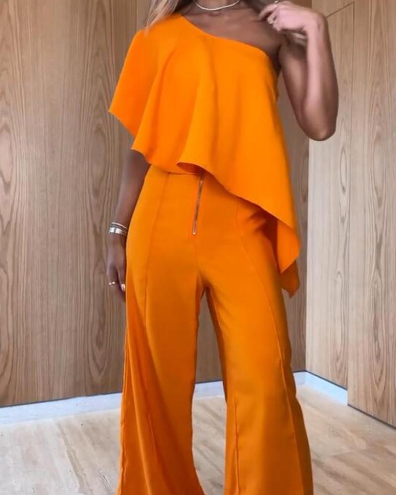 One-shoulder solid color fashion wide-leg pants jumpsuit