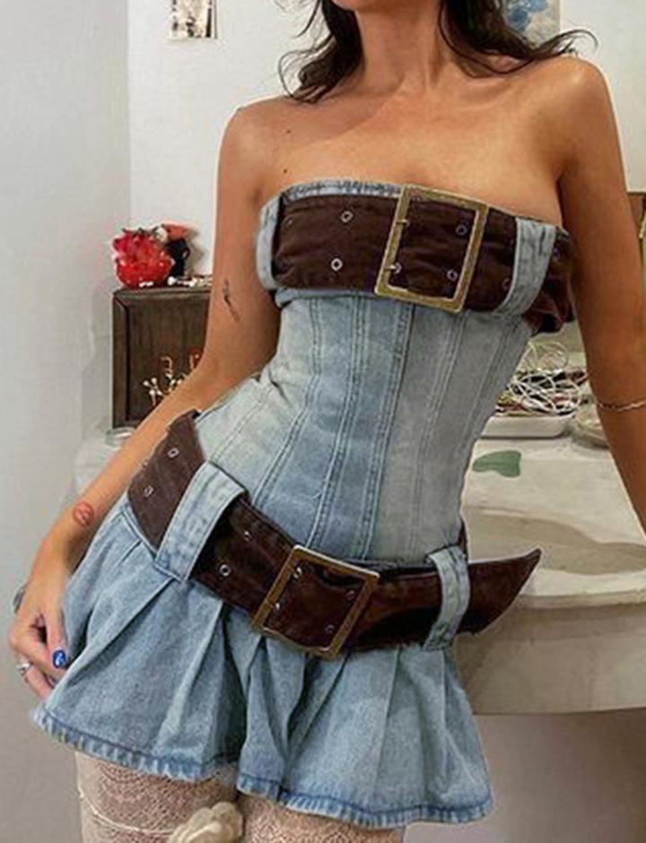 Wrapped Pleated Fitted Denim Dress with Detachable Belt Short Dress