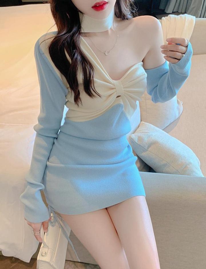 White Bow Off Shoulder Casual Blue Short Dress