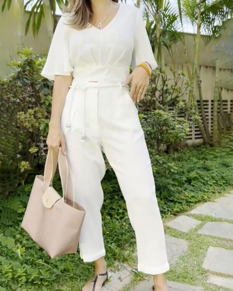 Casual Solid Color Cropped Top with Trendy Pants Set