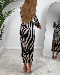 Zebra Print Slit Long Sleeve Dress