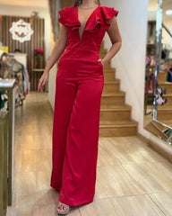 V-neck solid color casual sleeveless jumpsuit