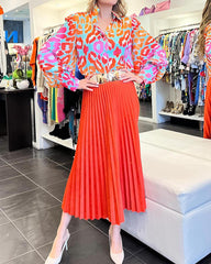 Women's Set with Colorful Leopard Print Shirt and Bright Pleated Skirt