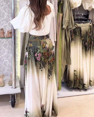 Casual Puff Sleeve Top & Printed Pants Two-Piece Set