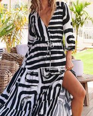 Casual tie button V-neck high waist slit dress