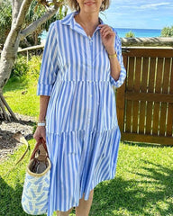 Vertical stripe color contrast casual printed shirt dress