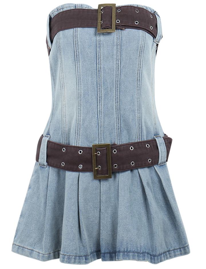 Wrapped Pleated Fitted Denim Dress with Detachable Belt Short Dress