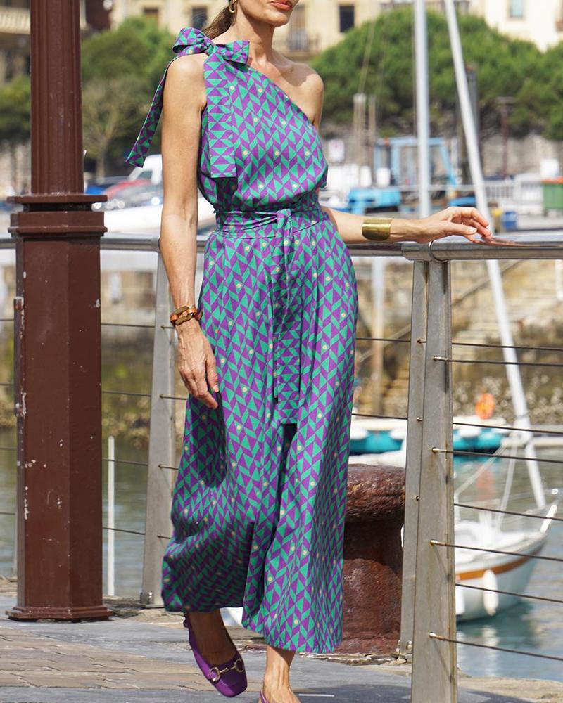 One-shoulder contrast print fashion solid color jumpsuit