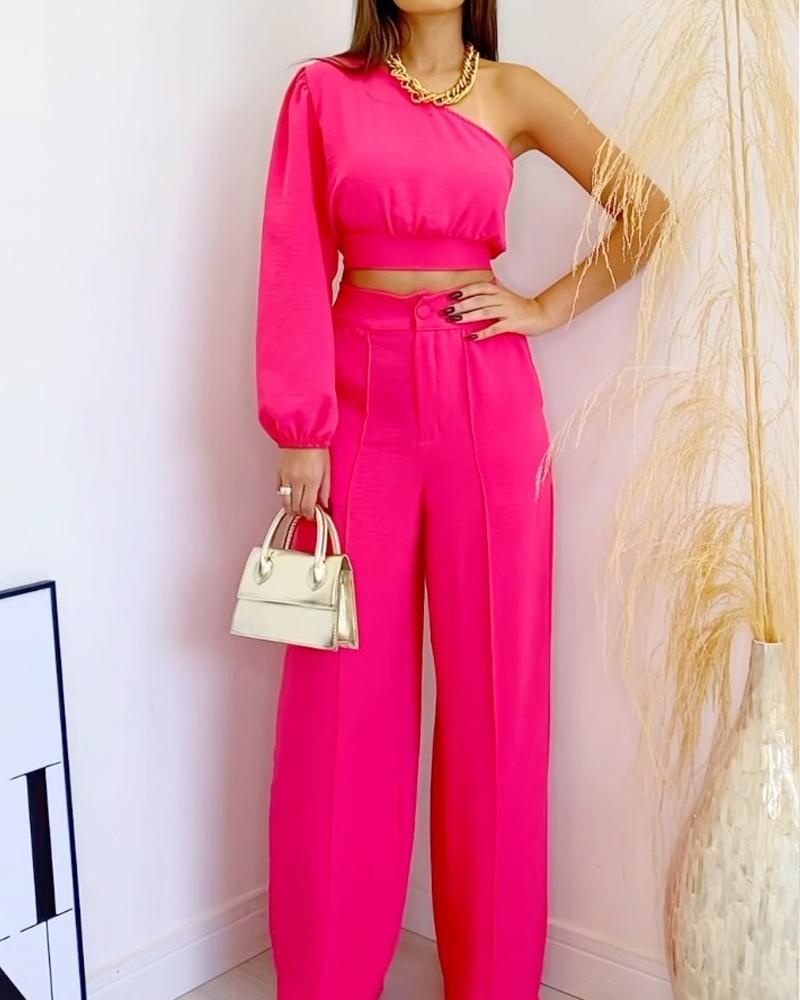 One-shoulder Long-sleeve And Casual Pants Set