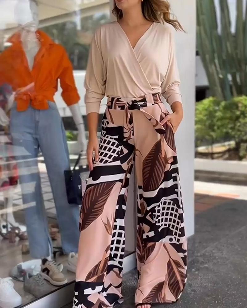 V-Neck Long-Sleeved Top And Printed Wide-Leg Pants Set