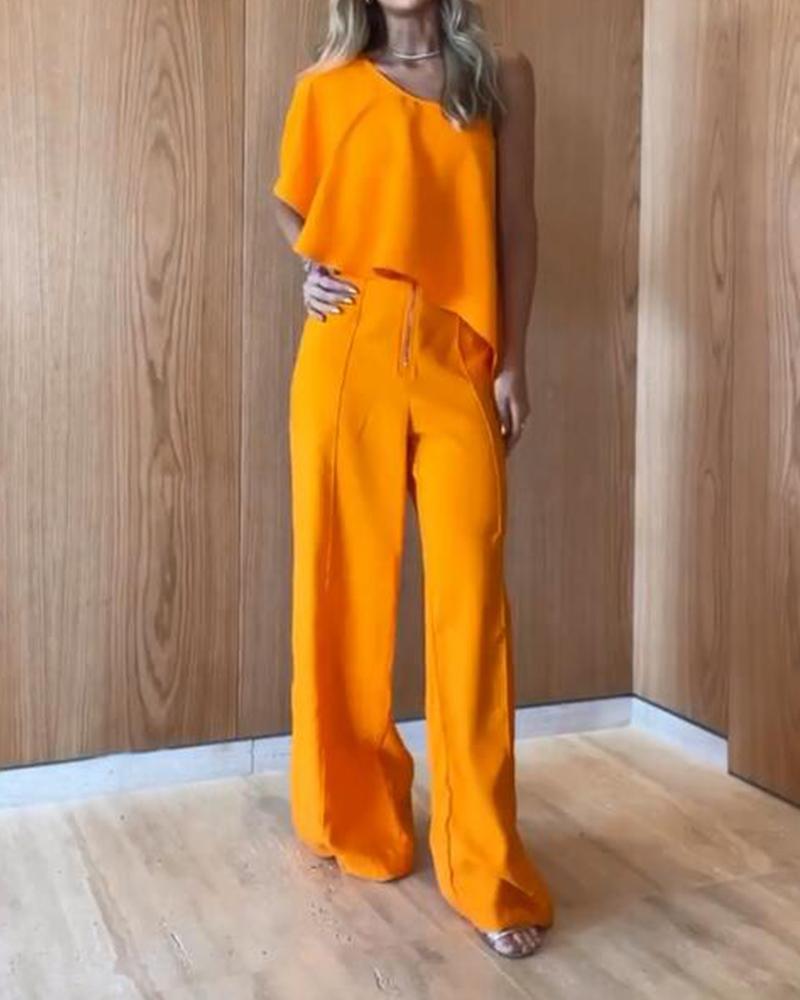 One-shoulder solid color fashion wide-leg pants jumpsuit