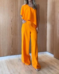 One-shoulder solid color fashion wide-leg pants jumpsuit