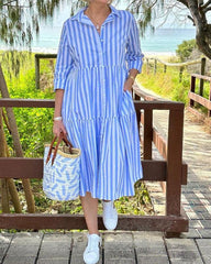 Vertical stripe color contrast casual printed shirt dress