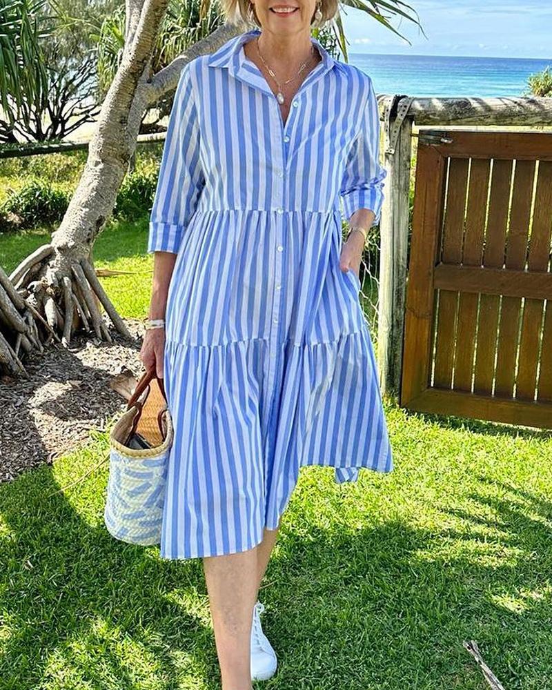 Vertical stripe color contrast casual printed shirt dress