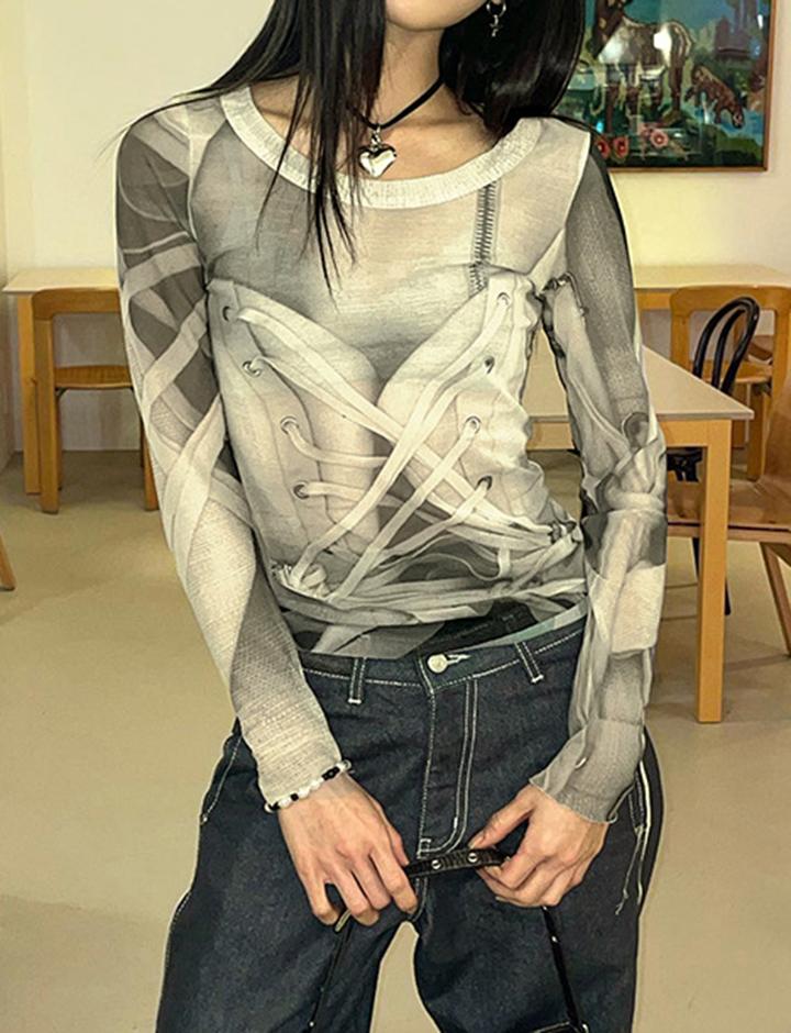 Y2K Vintage Print Long Sleeve T-shirt For Women