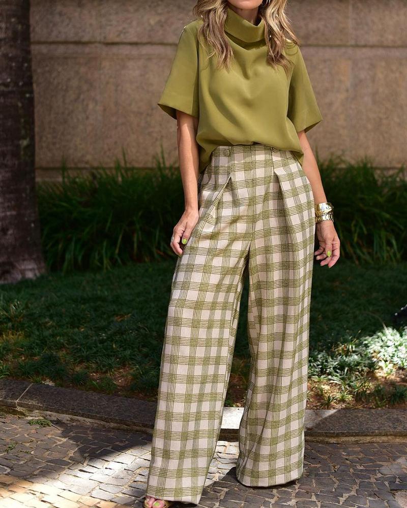 Pile collar short-sleeved top with plaid loose trousers casual ladies suit