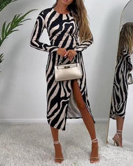 Zebra Print Slit Long Sleeve Dress