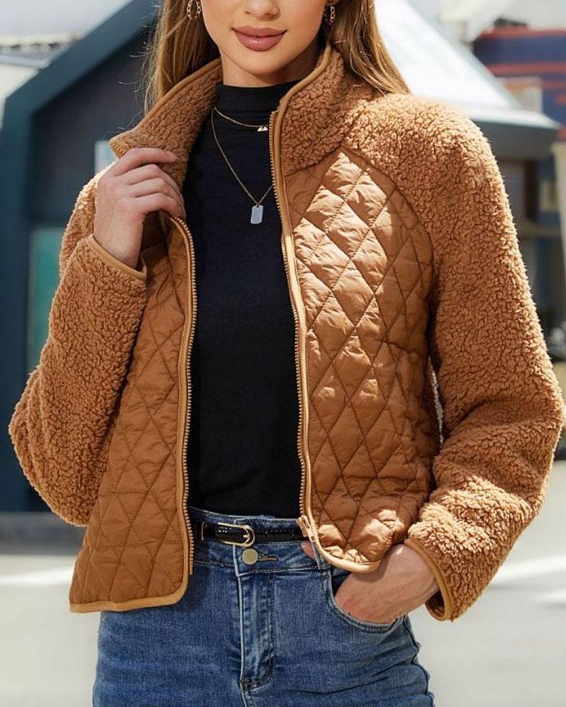 Zippered Long-Sleeve Plush Patchwork Jacket