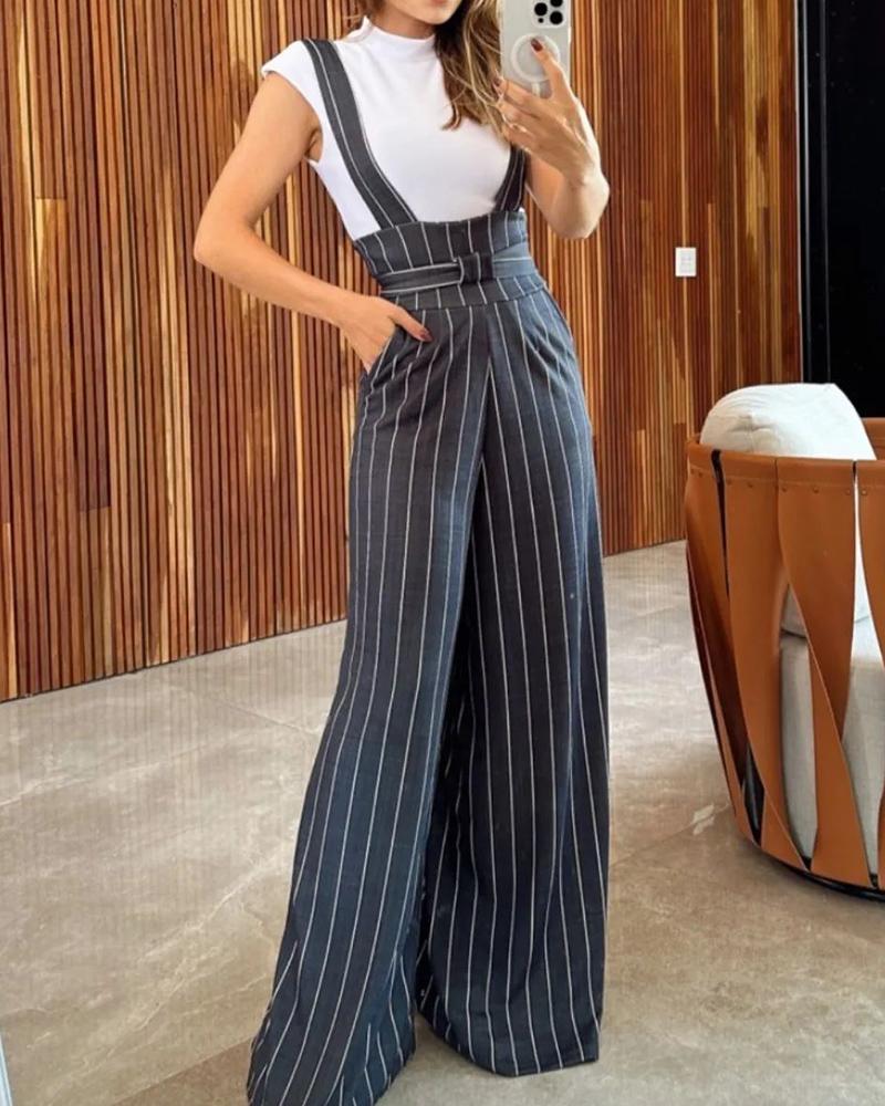 Vertical stripe printed casual jumpsuit overalls