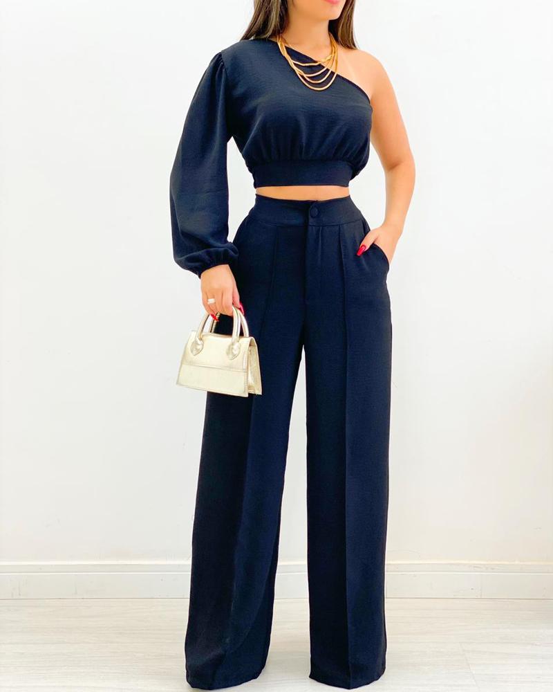 One-shoulder Long-sleeve And Casual Pants Set