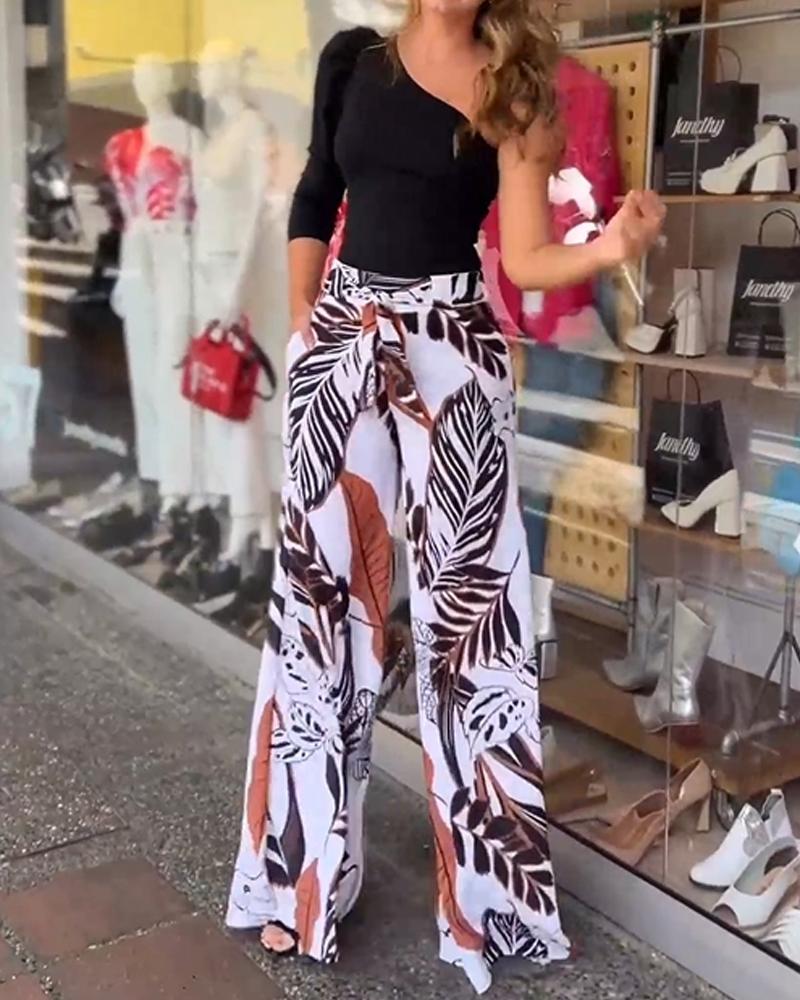 One-Shoulder Puff Sleeve Top And Printed Pants Set