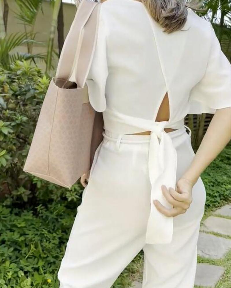 Casual Solid Color Cropped Top with Trendy Pants Set