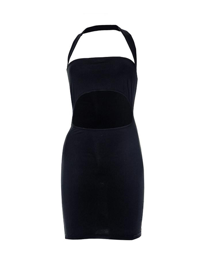 Y2K One Shoulder Hanging Neck Wrapped Chest Strapless Hollow Black Dress